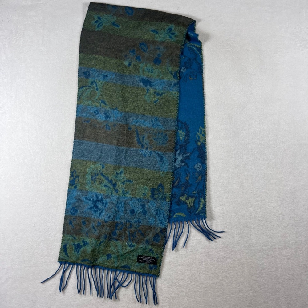 Vintage Germany Blue Green Floral Paisley Striped Acrylic Fringe Scarf 52"